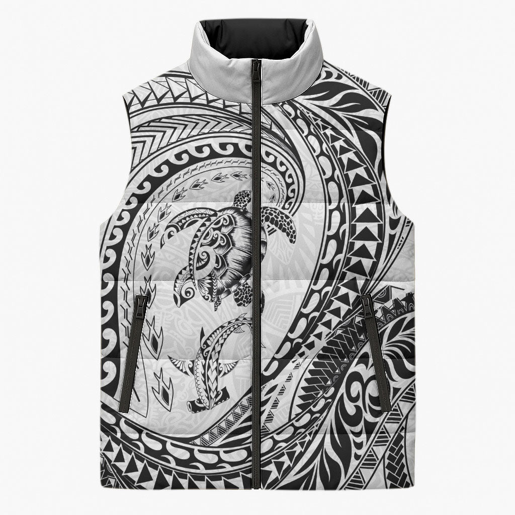 Hawaiian Turtle and Shark Sleeveless Puffer Jacket Kakau Tribal with Polynesian Pattern White Color