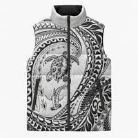 Hawaiian Turtle and Shark Sleeveless Puffer Jacket Kakau Tribal with Polynesian Pattern White Color