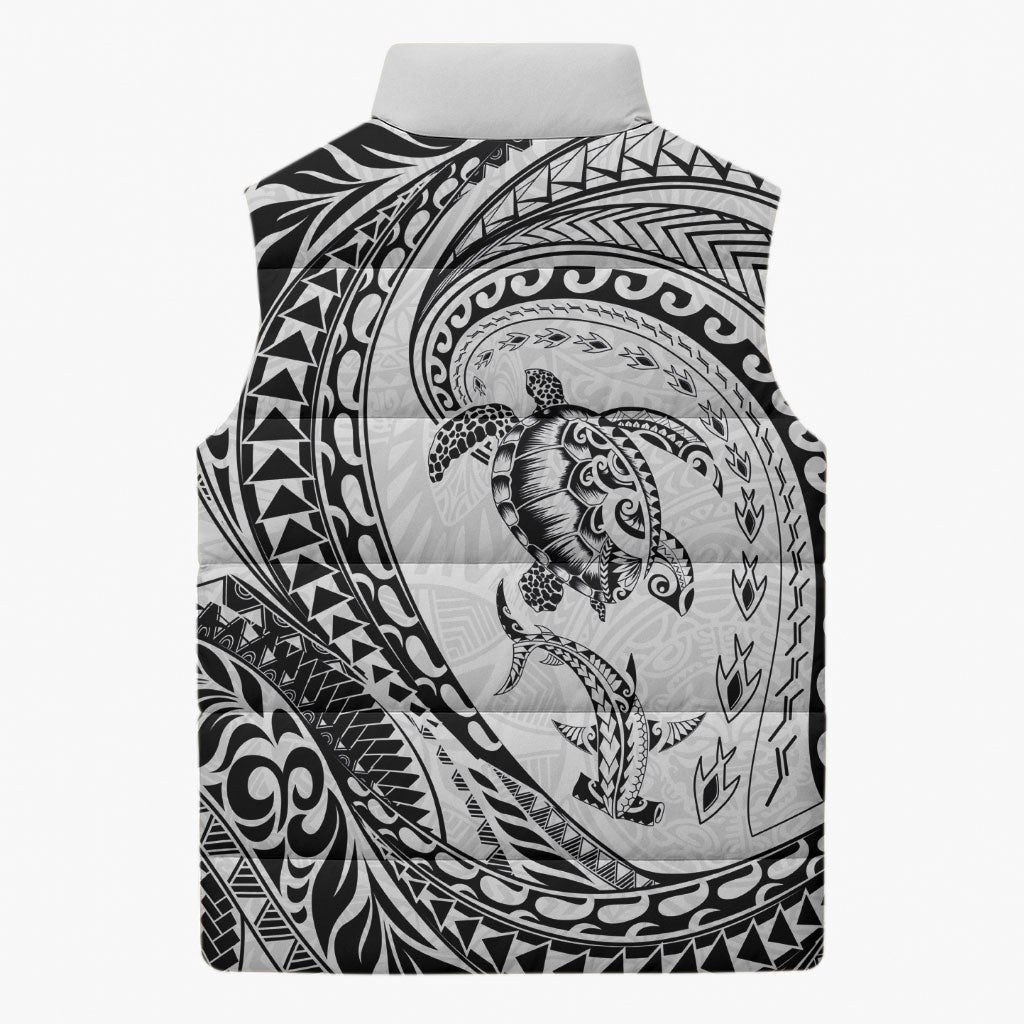 Hawaiian Turtle and Shark Sleeveless Puffer Jacket Kakau Tribal with Polynesian Pattern White Color