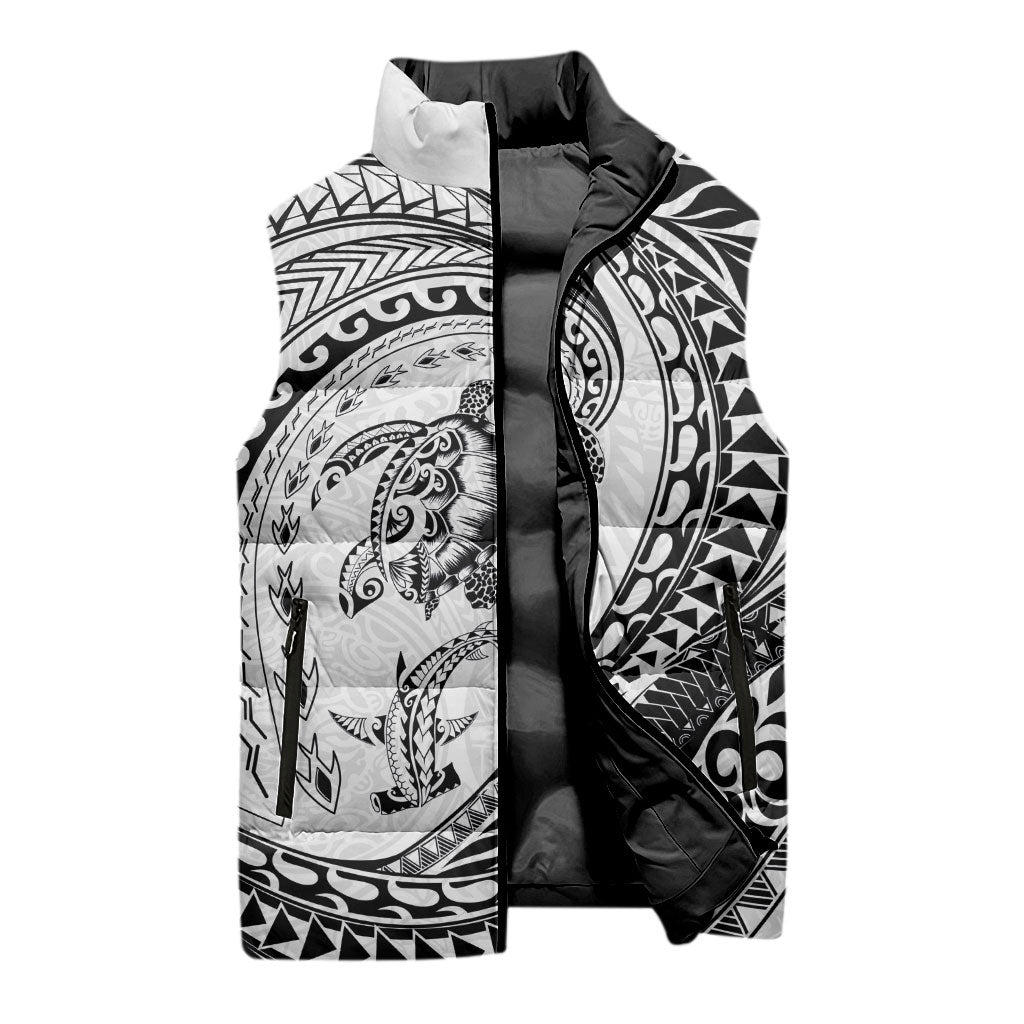 Hawaiian Turtle and Shark Sleeveless Puffer Jacket Kakau Tribal with Polynesian Pattern White Color