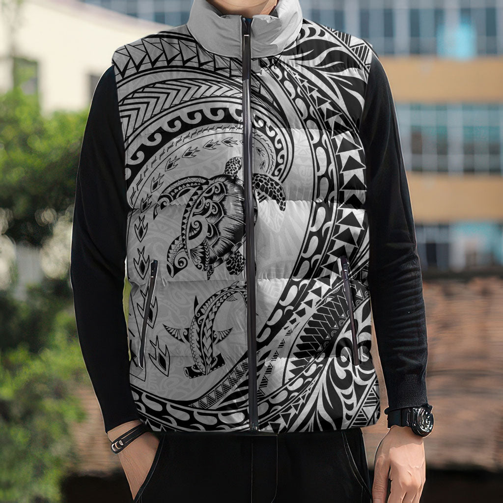 Hawaiian Turtle and Shark Sleeveless Puffer Jacket Kakau Tribal with Polynesian Pattern White Color