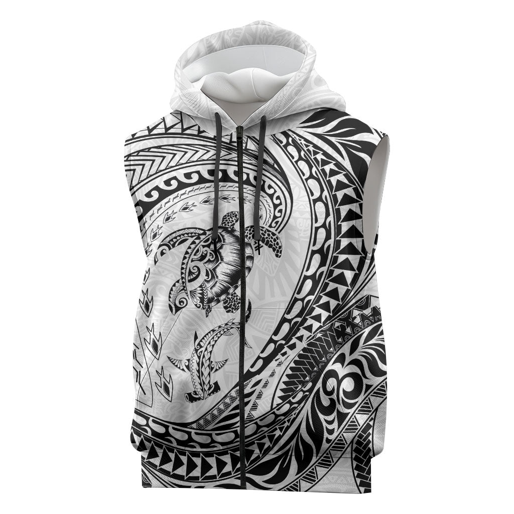 Hawaiian Turtle and Shark Sleeveless Zip Hoodie Kakau Tribal with Polynesian Pattern White Color