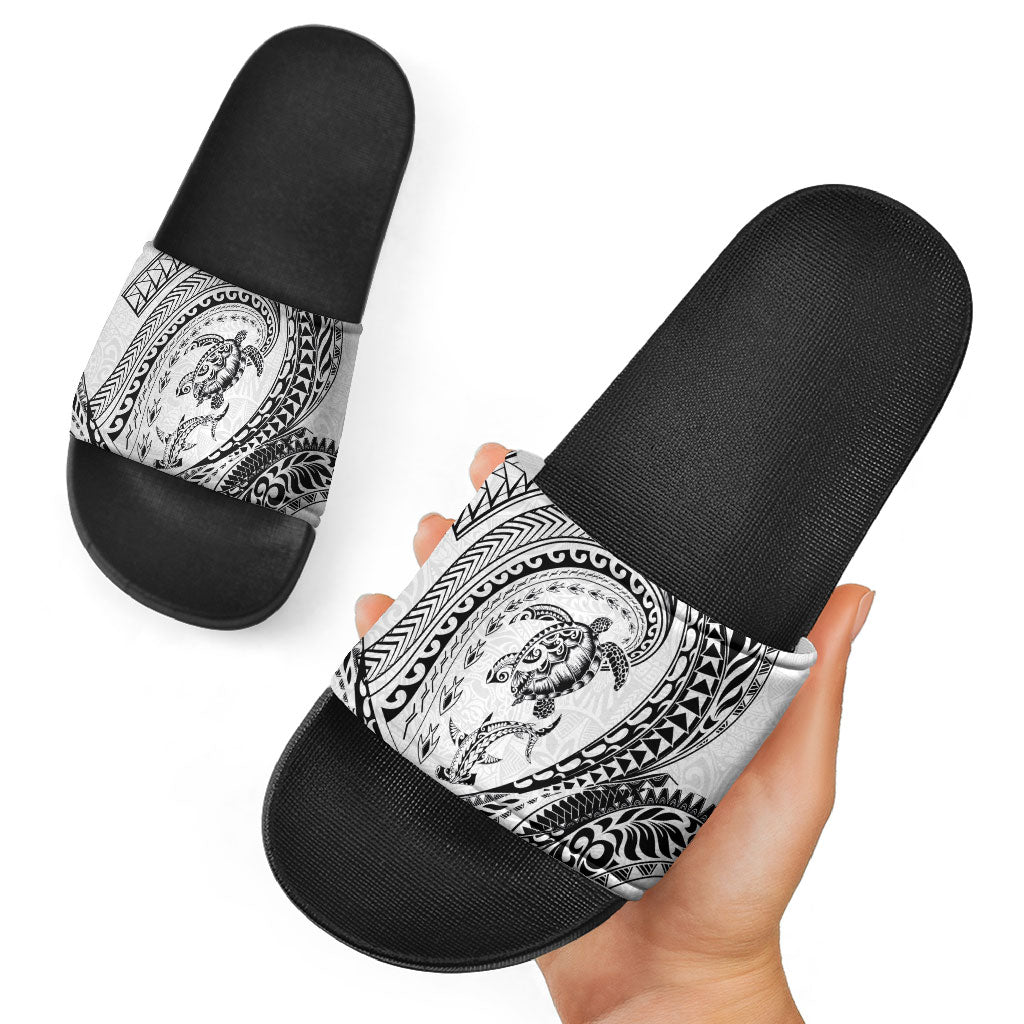 Hawaiian Turtle and Shark Slide Sandals Kakau Tribal with Polynesian Pattern White Color