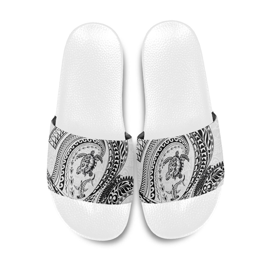 Hawaiian Turtle and Shark Slide Sandals Kakau Tribal with Polynesian Pattern White Color