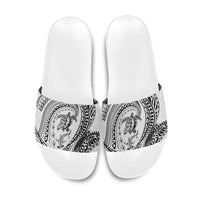 Hawaiian Turtle and Shark Slide Sandals Kakau Tribal with Polynesian Pattern White Color