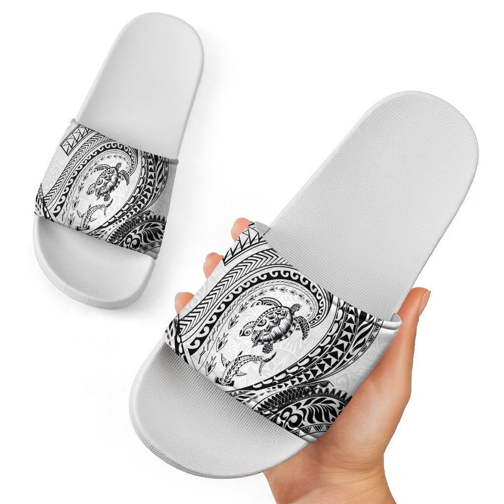 Hawaiian Turtle and Shark Slide Sandals Kakau Tribal with Polynesian Pattern White Color