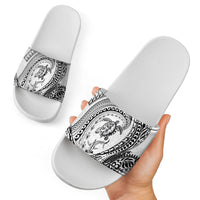 Hawaiian Turtle and Shark Slide Sandals Kakau Tribal with Polynesian Pattern White Color