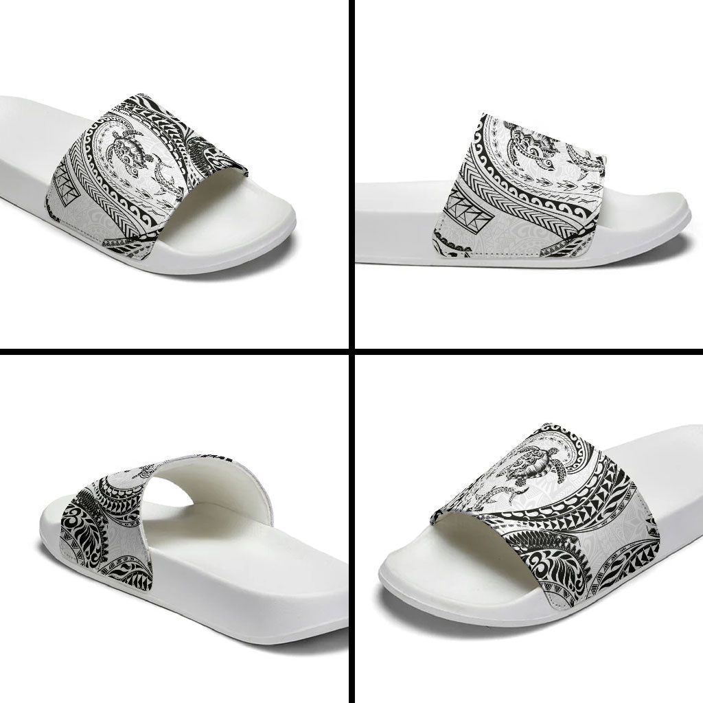 Hawaiian Turtle and Shark Slide Sandals Kakau Tribal with Polynesian Pattern White Color