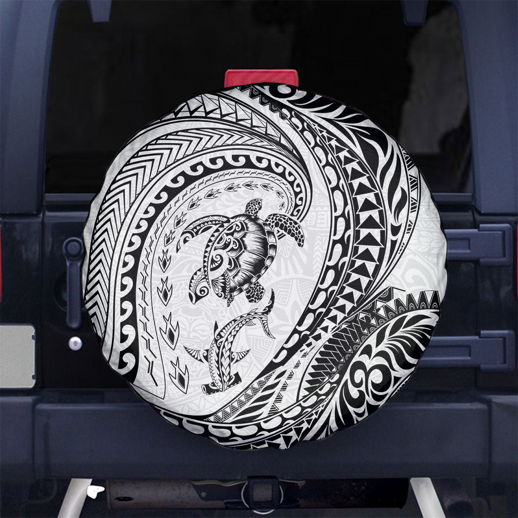 Hawaiian Turtle and Shark Spare Tire Cover Kakau Tribal with Polynesian Pattern White Color