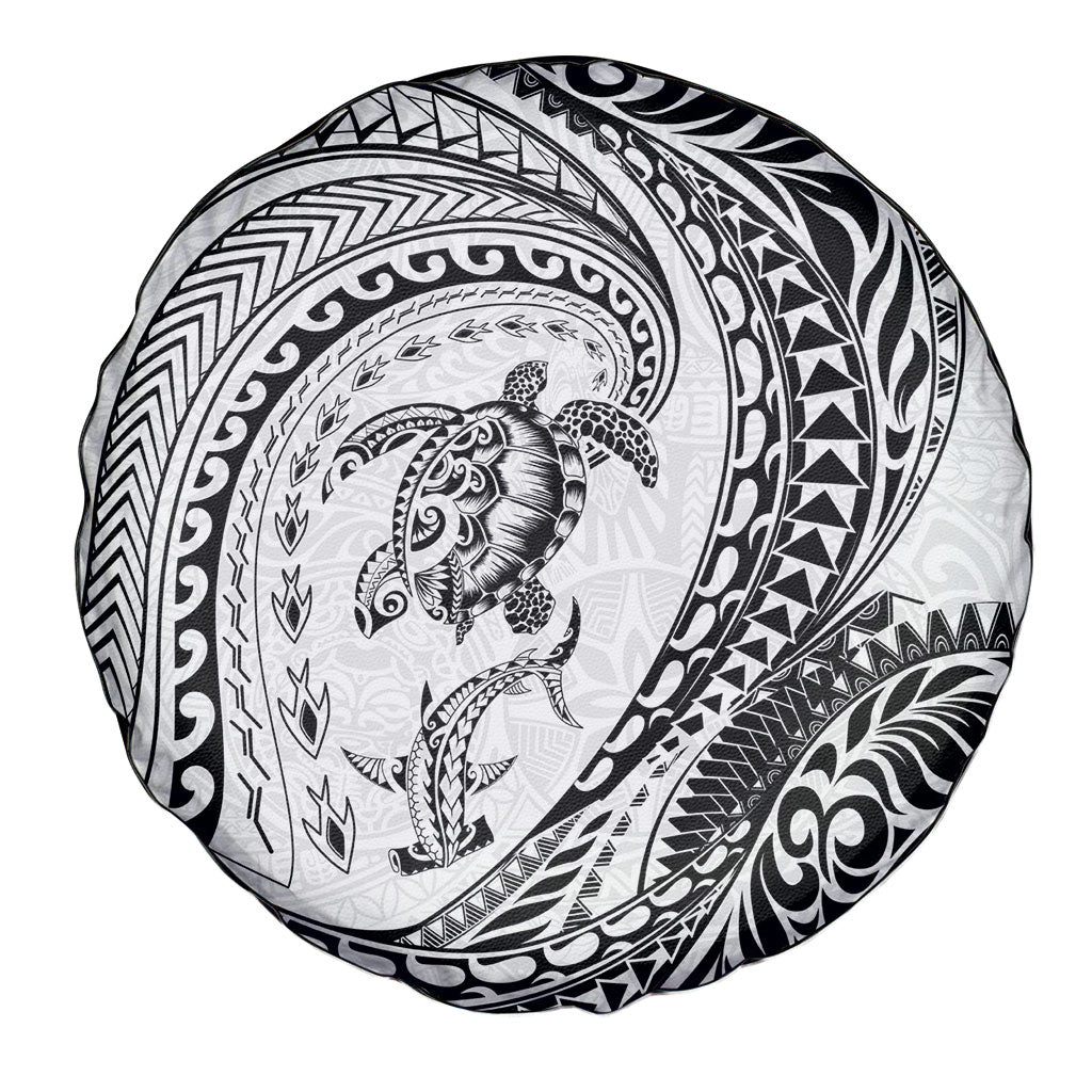 Hawaiian Turtle and Shark Spare Tire Cover Kakau Tribal with Polynesian Pattern White Color