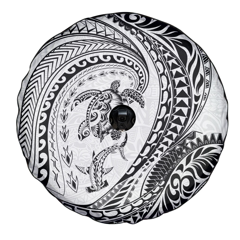Hawaiian Turtle and Shark Spare Tire Cover Kakau Tribal with Polynesian Pattern White Color