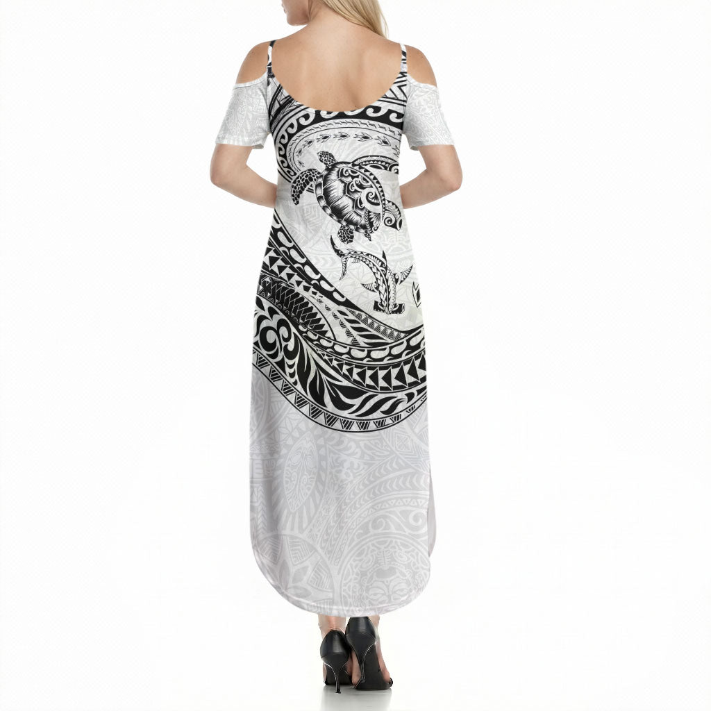 Hawaiian Turtle and Shark Summer Maxi Dress Kakau Tribal with Polynesian Pattern White Color