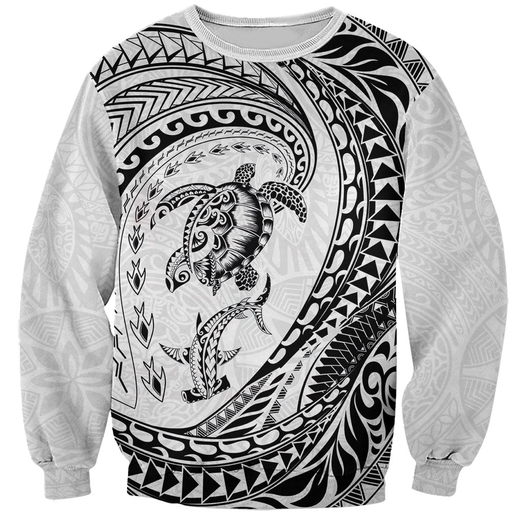 Hawaiian Turtle and Shark Sweatshirt Kakau Tribal with Polynesian Pattern White Color