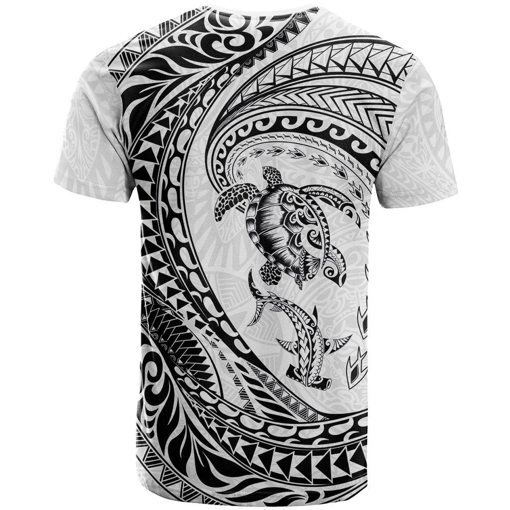 Hawaiian Turtle and Shark T Shirt Kakau Tribal with Polynesian Pattern White Color