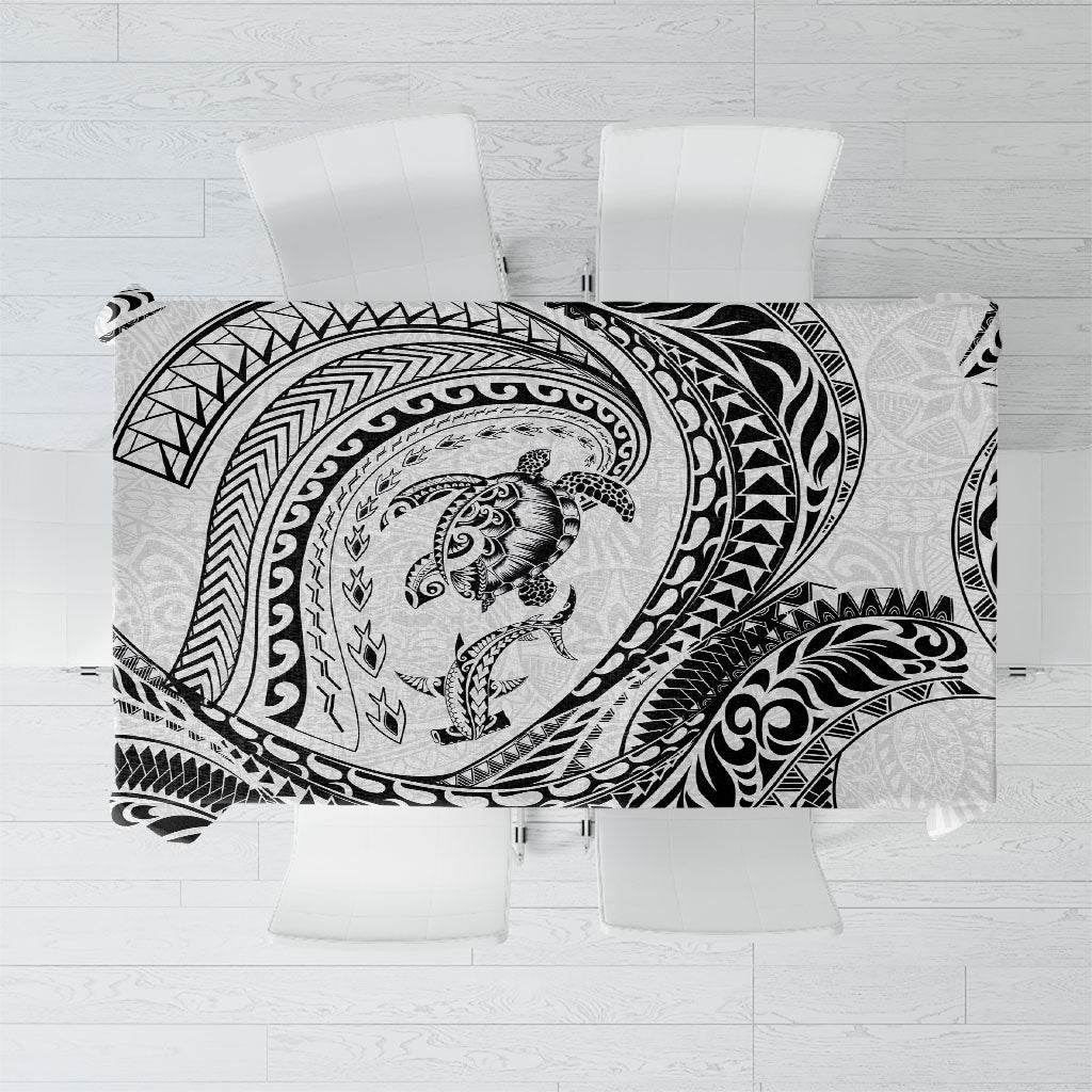Hawaiian Turtle and Shark Tablecloth Kakau Tribal with Polynesian Pattern White Color