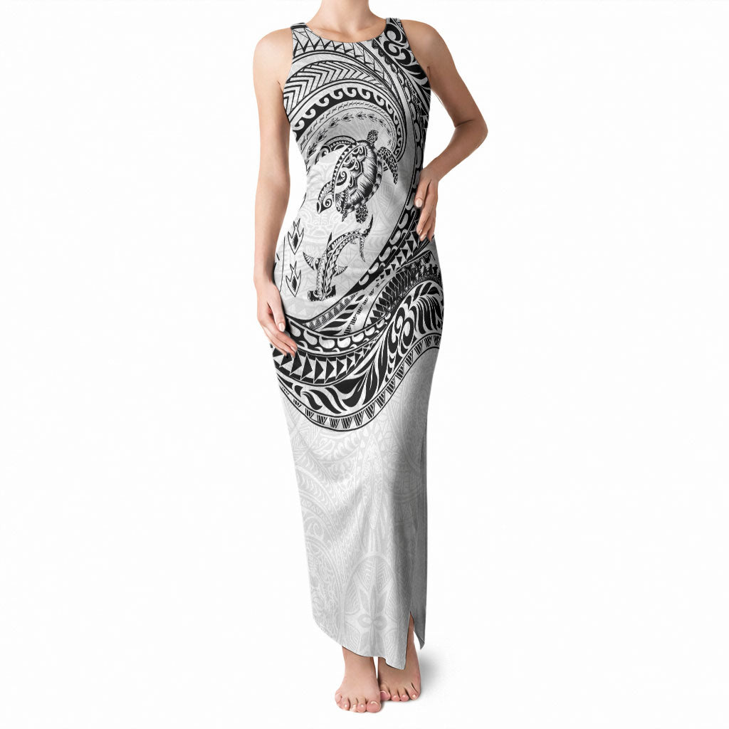 Hawaiian Turtle and Shark Tank Maxi Dress Kakau Tribal with Polynesian Pattern White Color