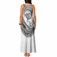 Hawaiian Turtle and Shark Tank Maxi Dress Kakau Tribal with Polynesian Pattern White Color