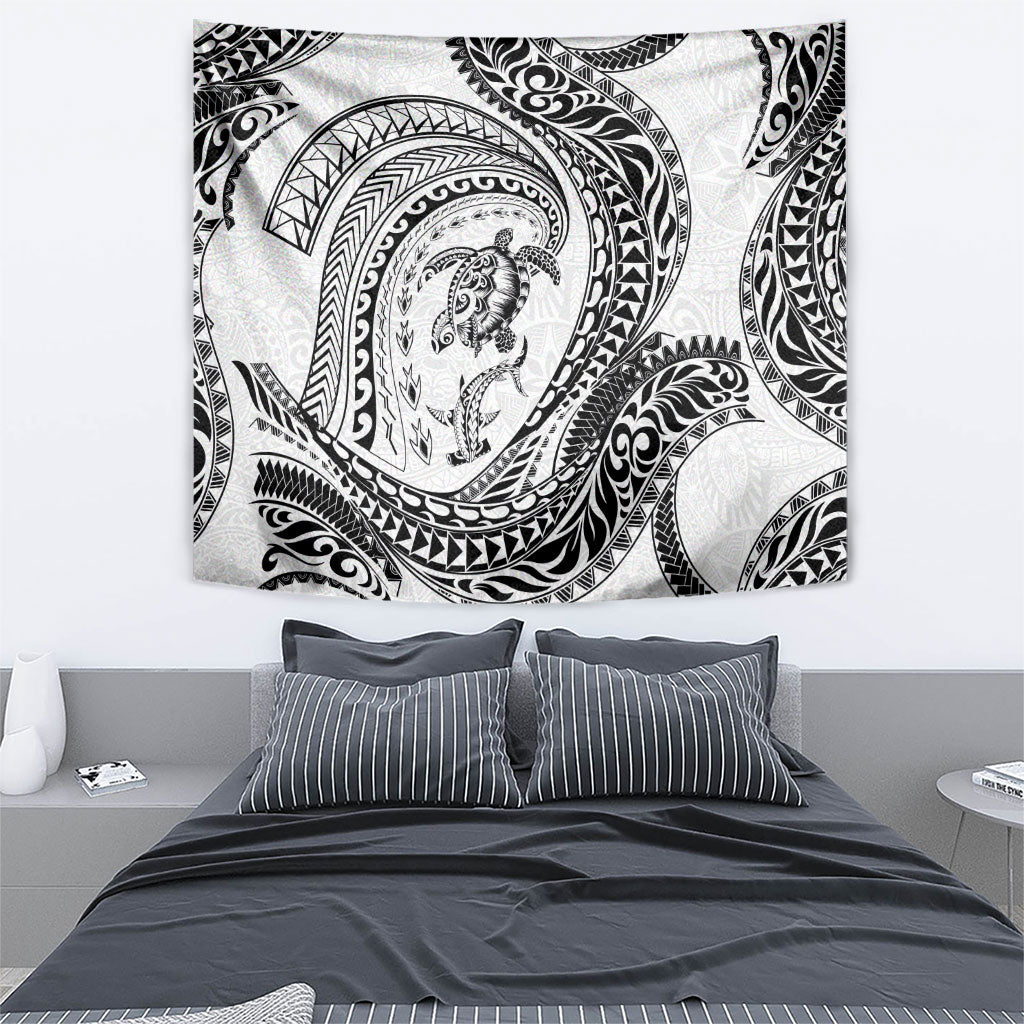 Hawaiian Turtle and Shark Tapestry Kakau Tribal with Polynesian Pattern White Color