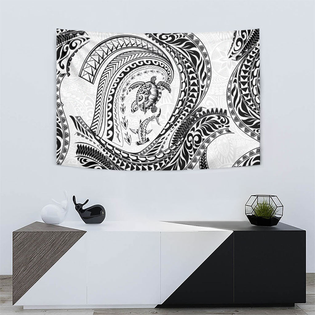 Hawaiian Turtle and Shark Tapestry Kakau Tribal with Polynesian Pattern White Color