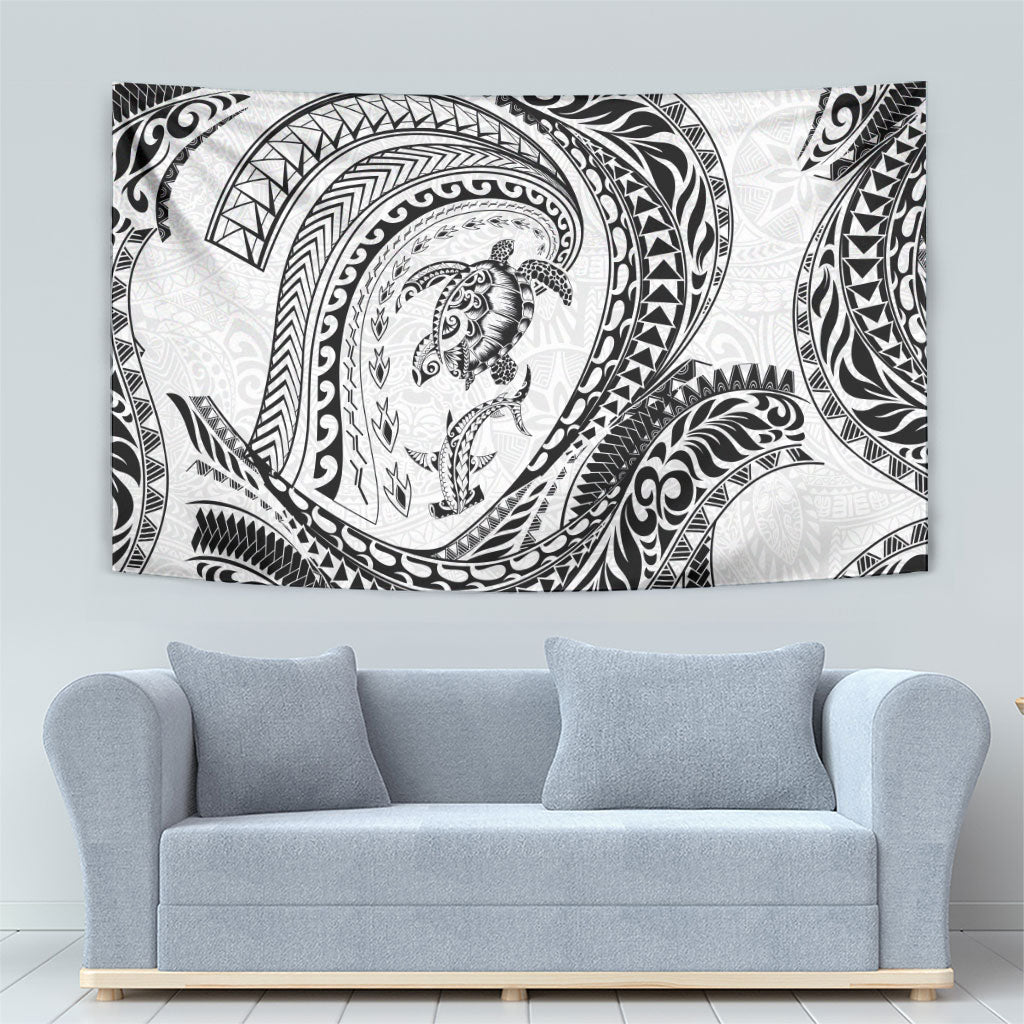 Hawaiian Turtle and Shark Tapestry Kakau Tribal with Polynesian Pattern White Color