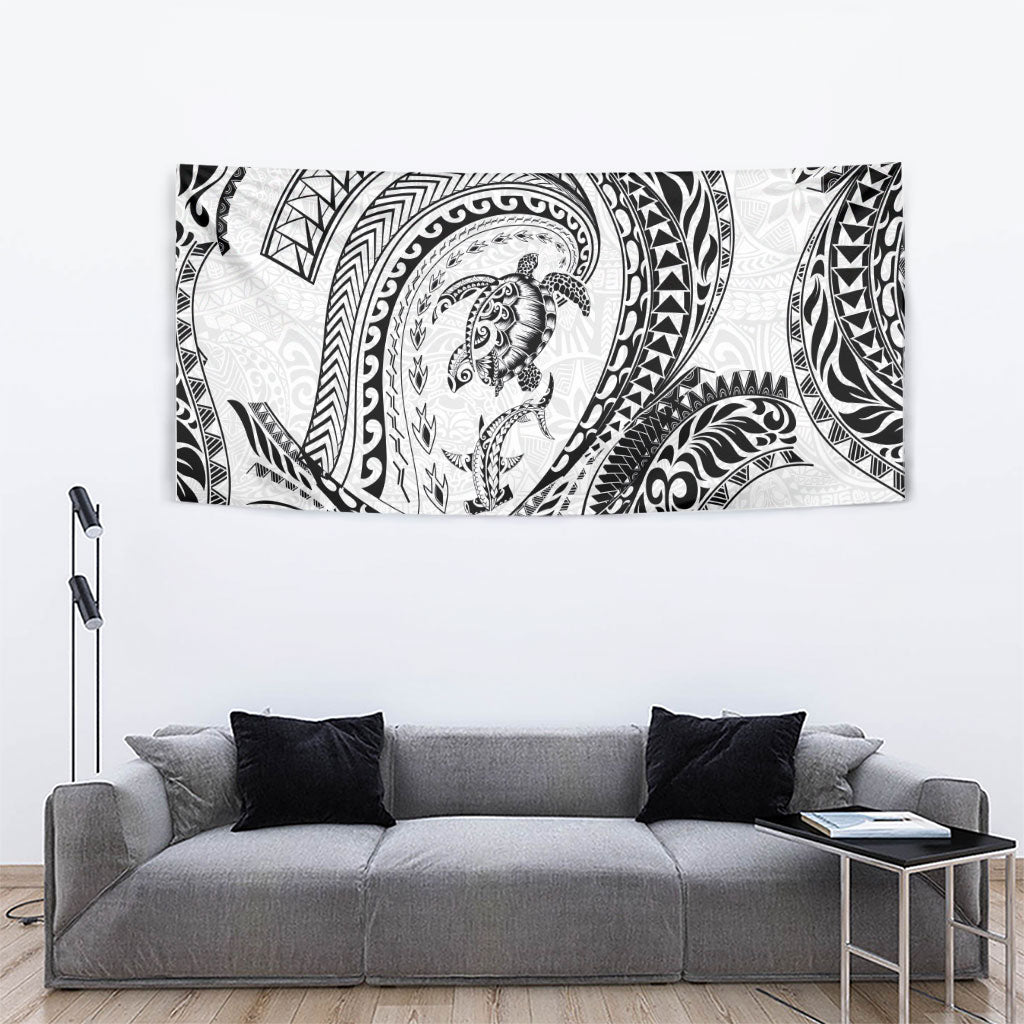 Hawaiian Turtle and Shark Tapestry Kakau Tribal with Polynesian Pattern White Color