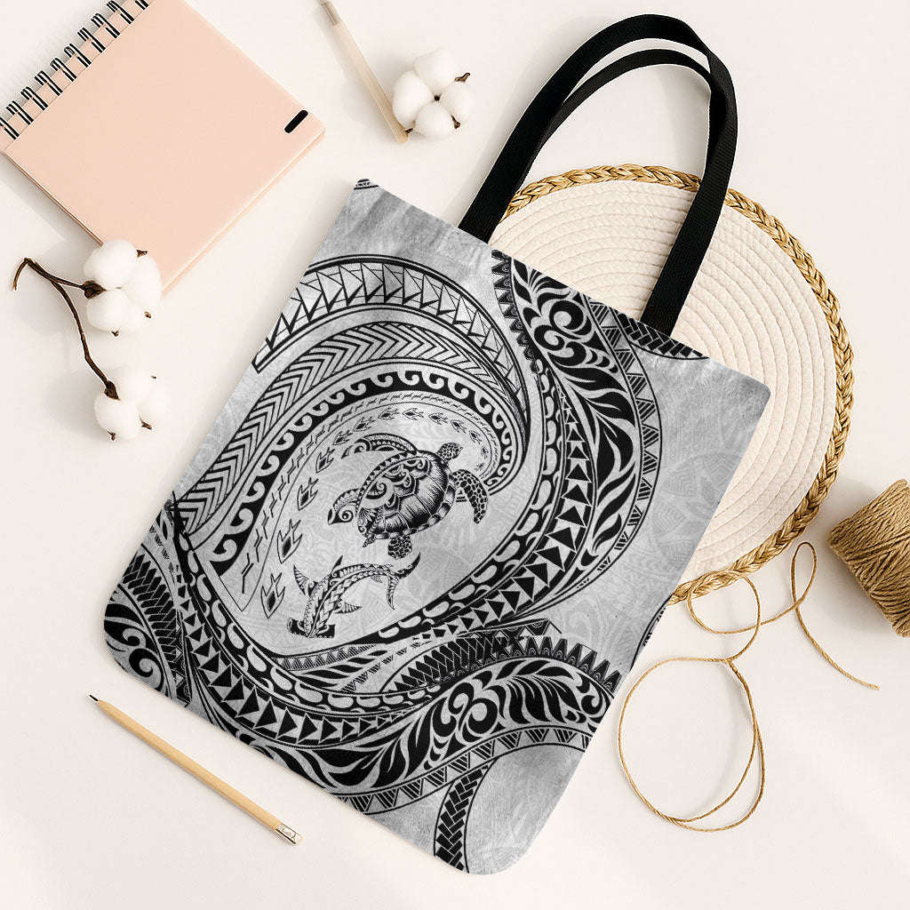 Hawaiian Turtle and Shark Tote Bag Kakau Tribal with Polynesian Pattern White Color