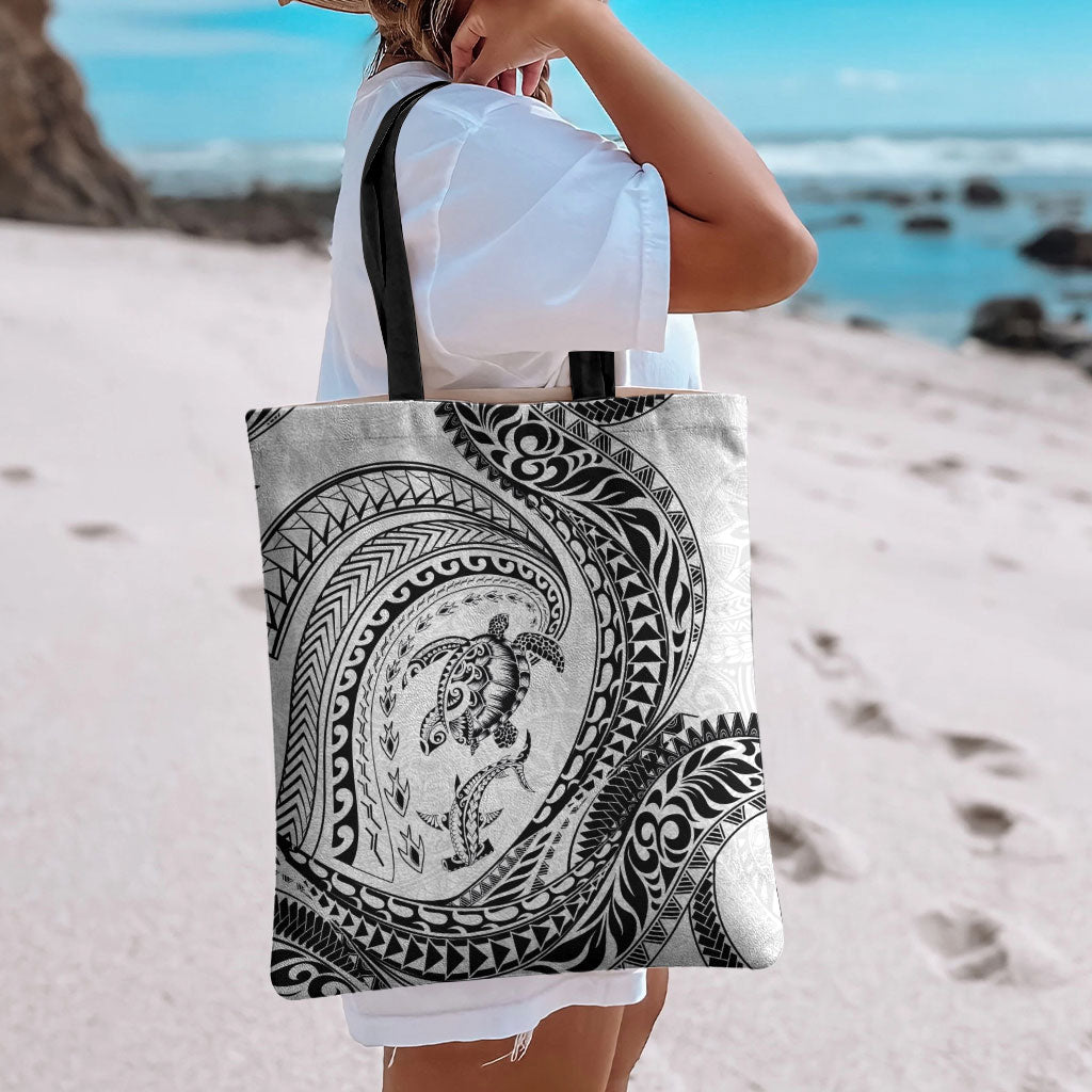 Hawaiian Turtle and Shark Tote Bag Kakau Tribal with Polynesian Pattern White Color