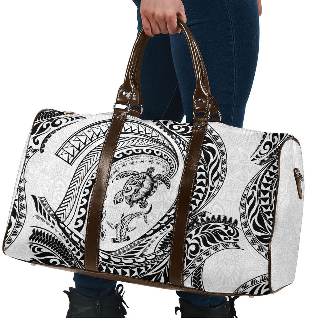 Hawaiian Turtle and Shark Travel Bag Kakau Tribal with Polynesian Pattern White Color