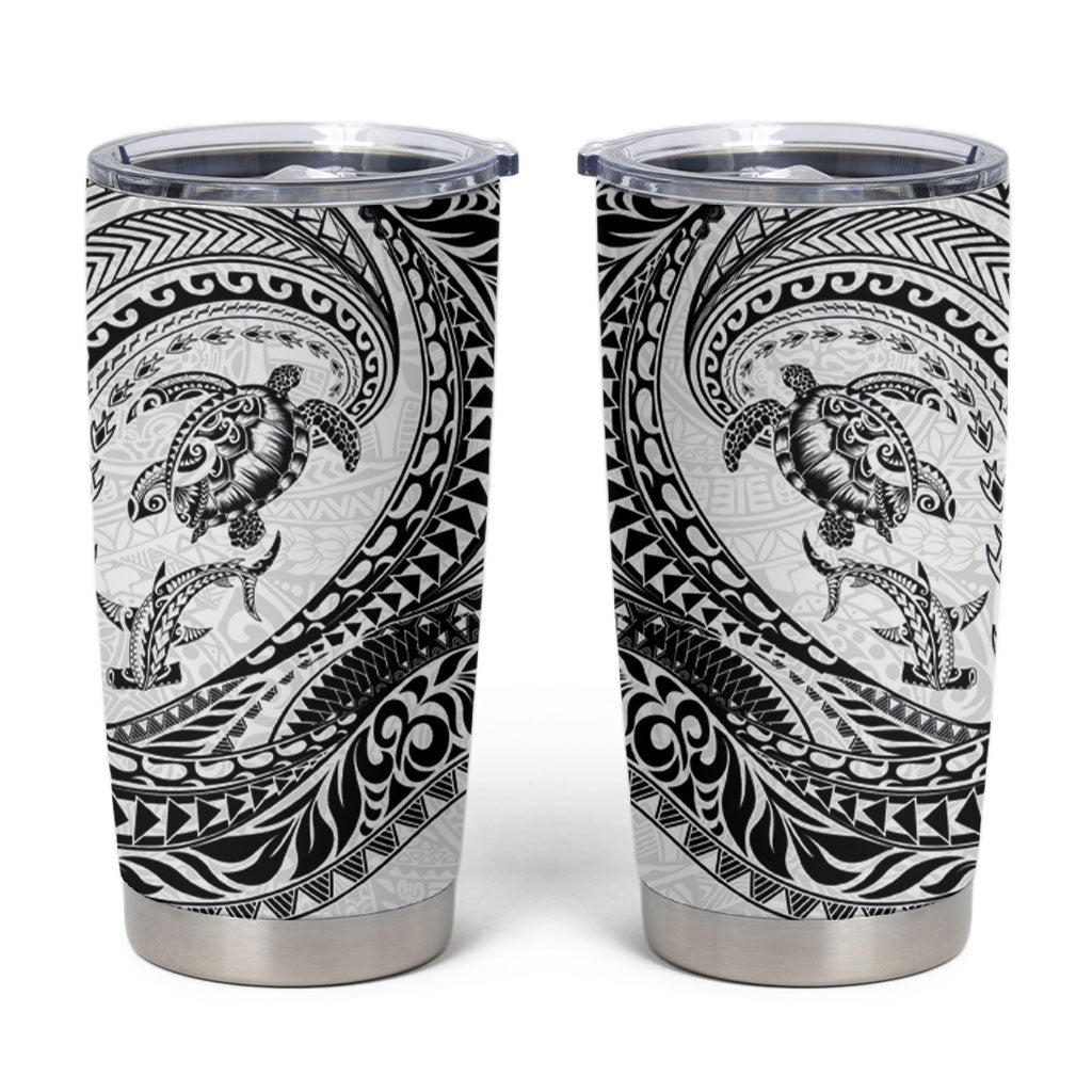 Hawaiian Turtle and Shark Tumbler Cup Kakau Tribal with Polynesian Pattern White Color
