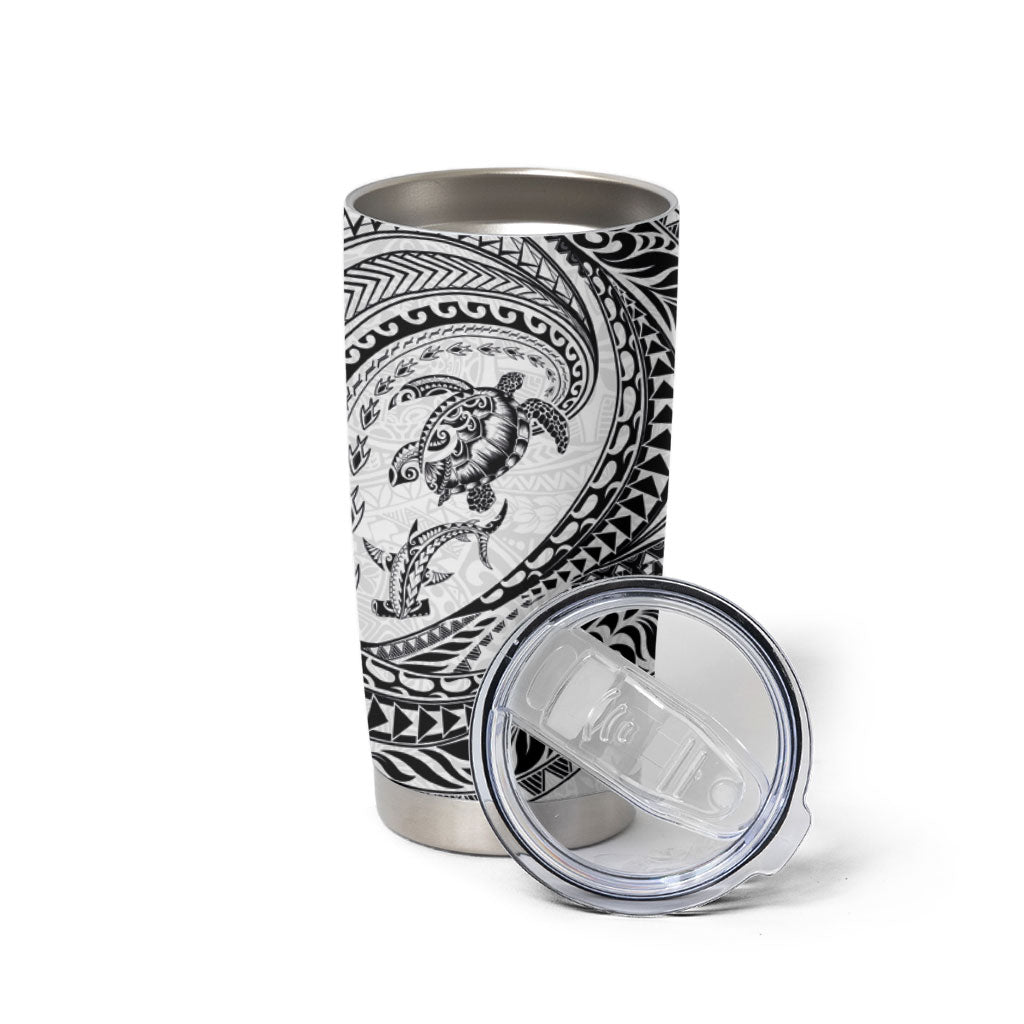 Hawaiian Turtle and Shark Tumbler Cup Kakau Tribal with Polynesian Pattern White Color