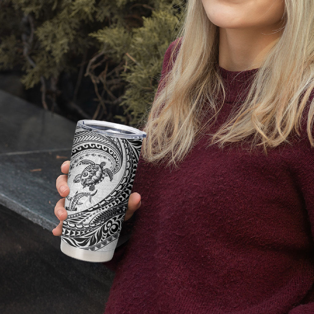 Hawaiian Turtle and Shark Tumbler Cup Kakau Tribal with Polynesian Pattern White Color