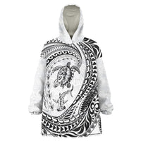 Hawaiian Turtle and Shark Wearable Blanket Hoodie Kakau Tribal with Polynesian Pattern White Color