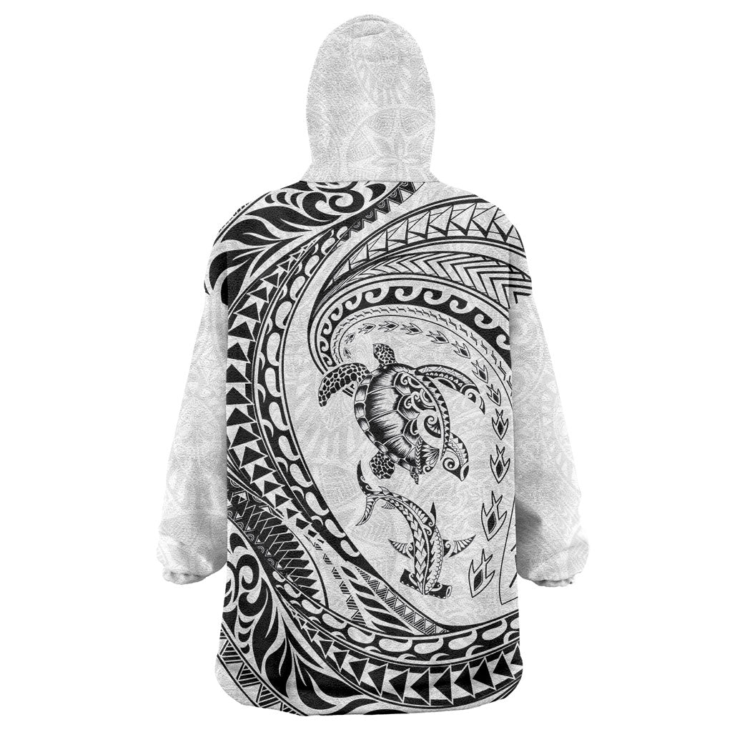 Hawaiian Turtle and Shark Wearable Blanket Hoodie Kakau Tribal with Polynesian Pattern White Color
