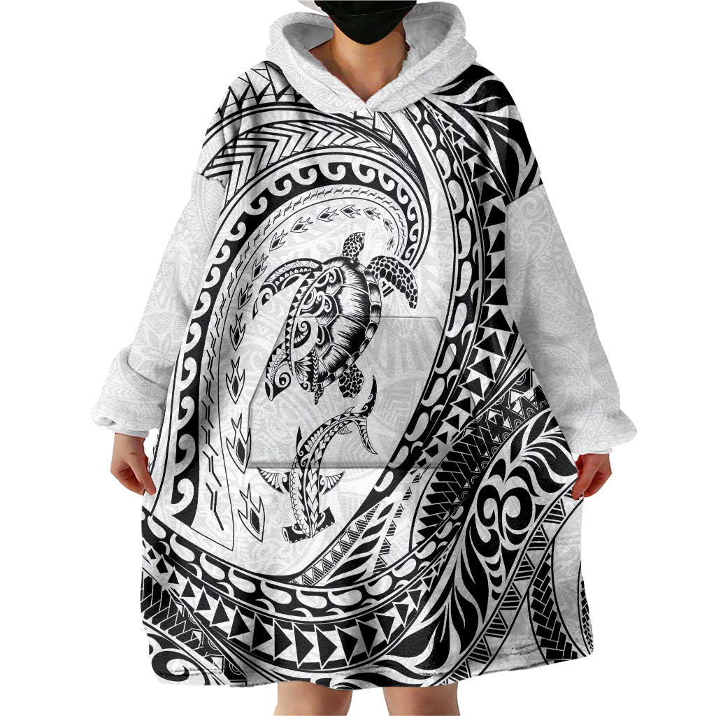 Hawaiian Turtle and Shark Wearable Blanket Hoodie Kakau Tribal with Polynesian Pattern White Color