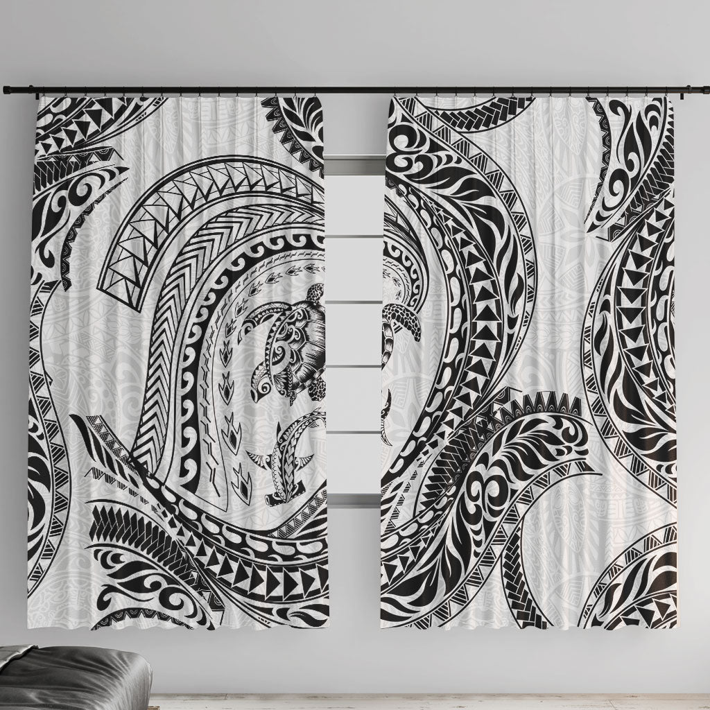 Hawaiian Turtle and Shark Window Curtain Kakau Tribal with Polynesian Pattern White Color
