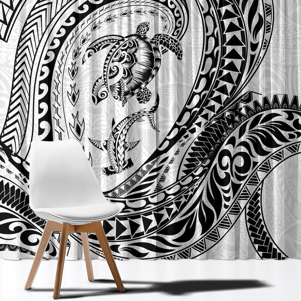 Hawaiian Turtle and Shark Window Curtain Kakau Tribal with Polynesian Pattern White Color