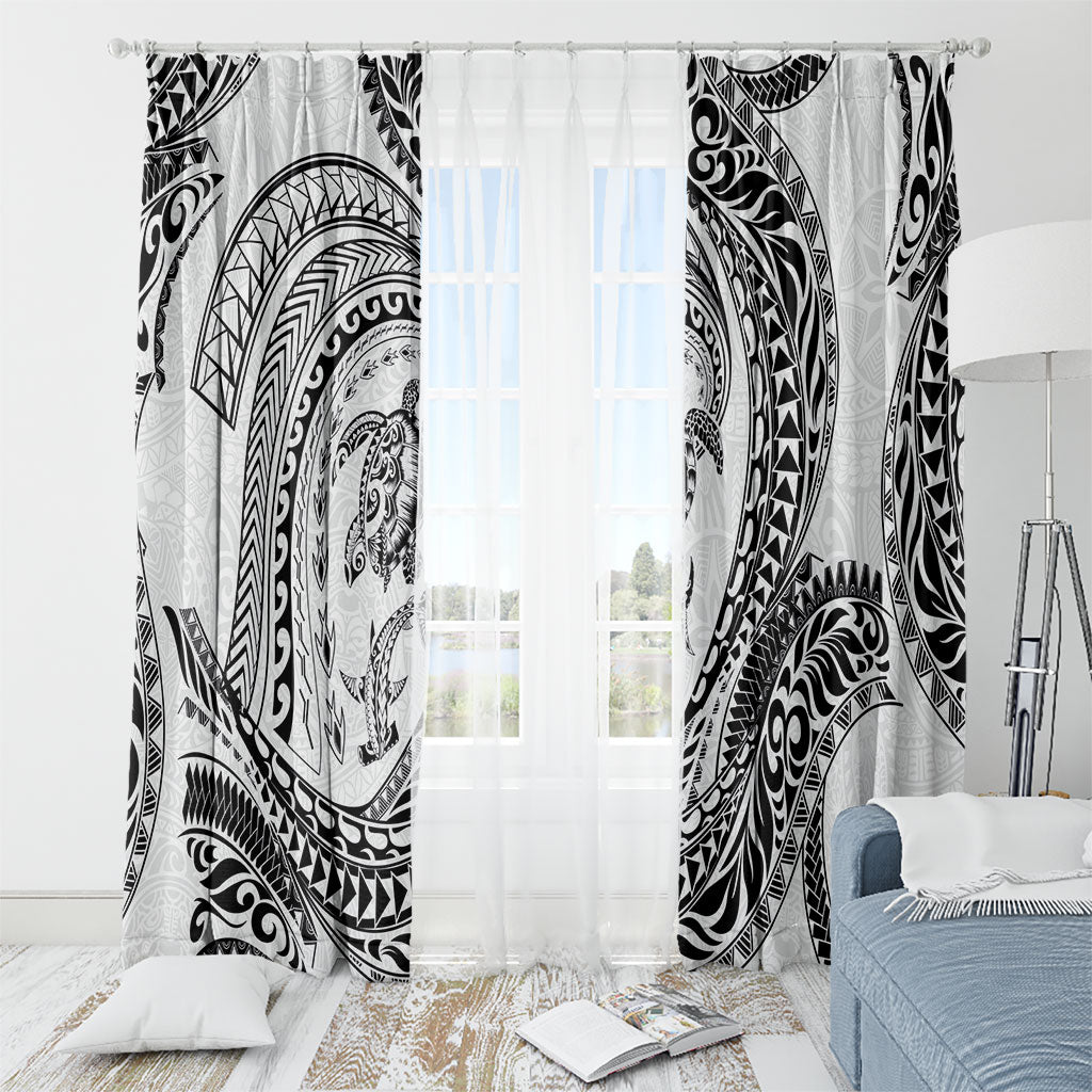 Hawaiian Turtle and Shark Window Curtain Kakau Tribal with Polynesian Pattern White Color