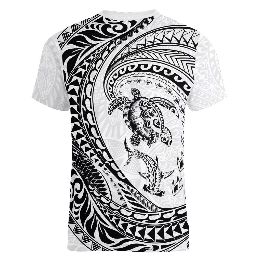 Hawaiian Turtle and Shark Women V-Neck T-Shirt Kakau Tribal with Polynesian Pattern White Color