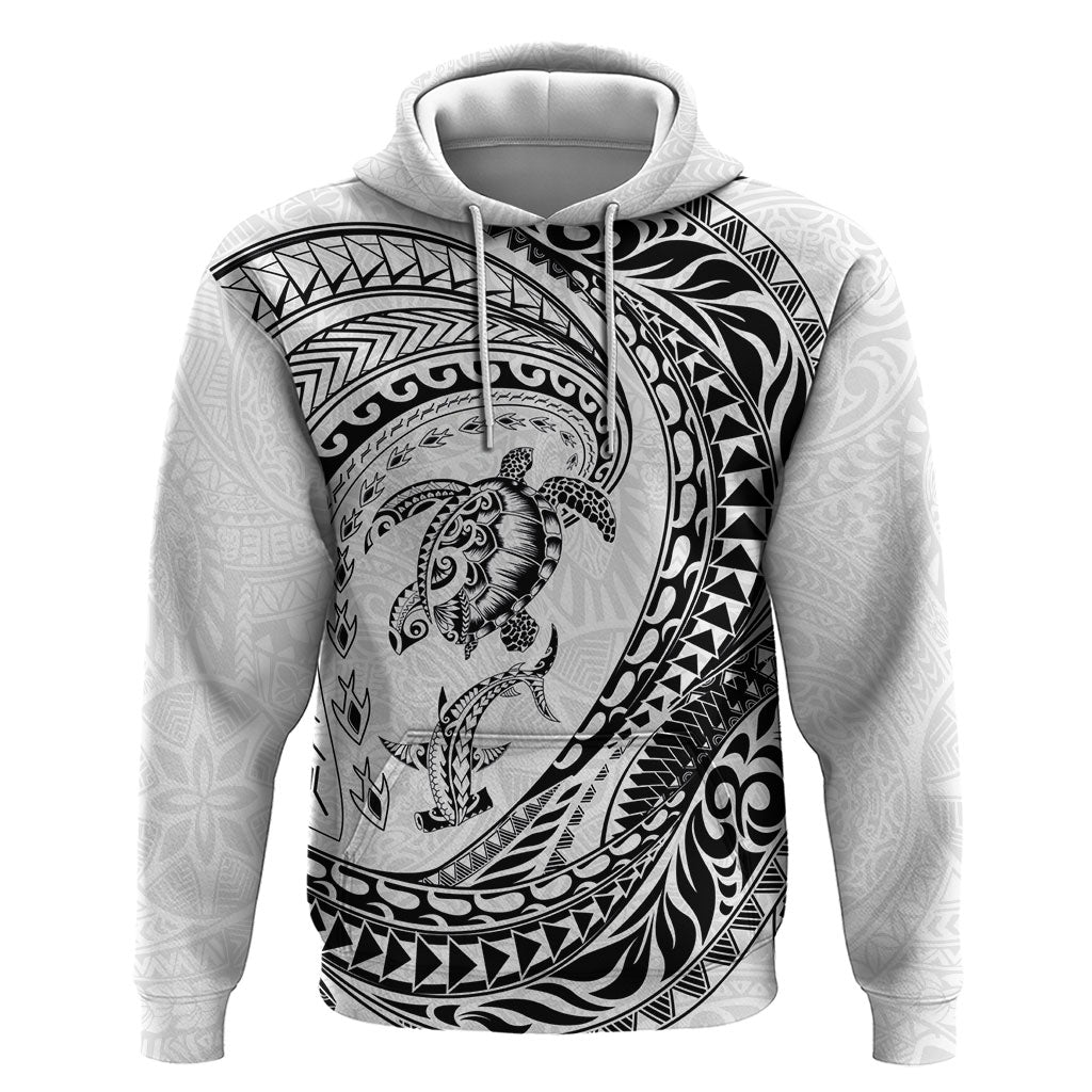 Hawaiian Turtle and Shark Zip Hoodie Kakau Tribal with Polynesian Pattern White Color