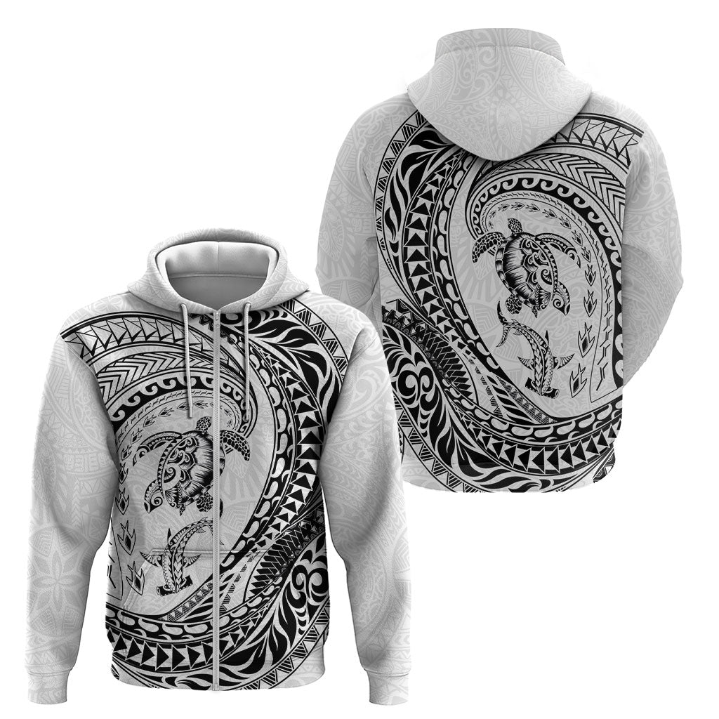 Hawaiian Turtle and Shark Zip Hoodie Kakau Tribal with Polynesian Pattern White Color