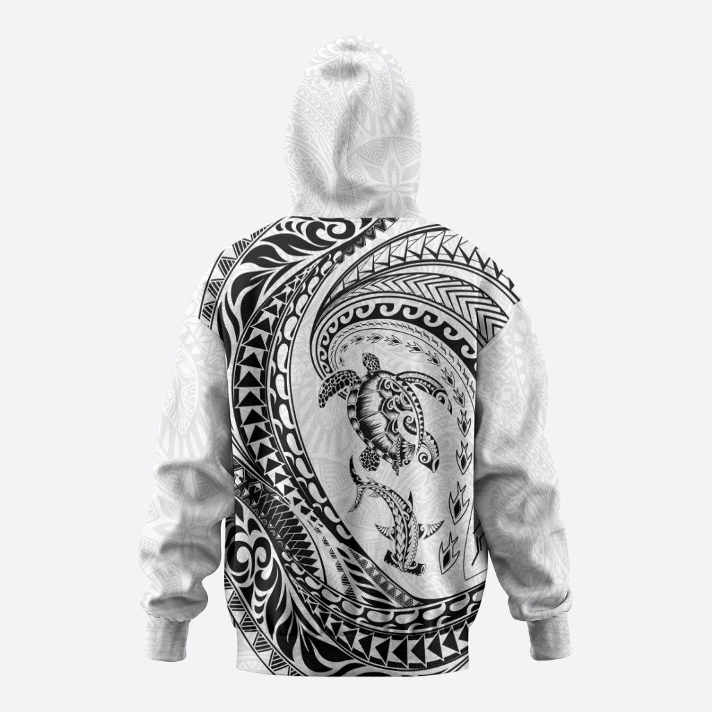 Hawaiian Turtle and Shark Zip Hoodie Kakau Tribal with Polynesian Pattern White Color