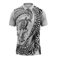 Hawaiian Turtle and Shark Zipper Polo Shirt Kakau Tribal with Polynesian Pattern White Color