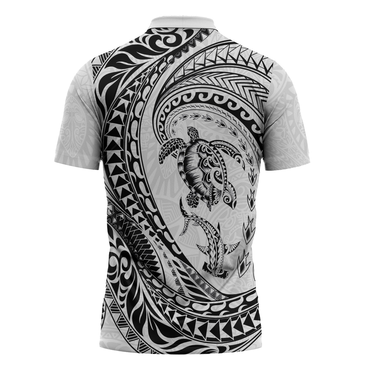 Hawaiian Turtle and Shark Zipper Polo Shirt Kakau Tribal with Polynesian Pattern White Color