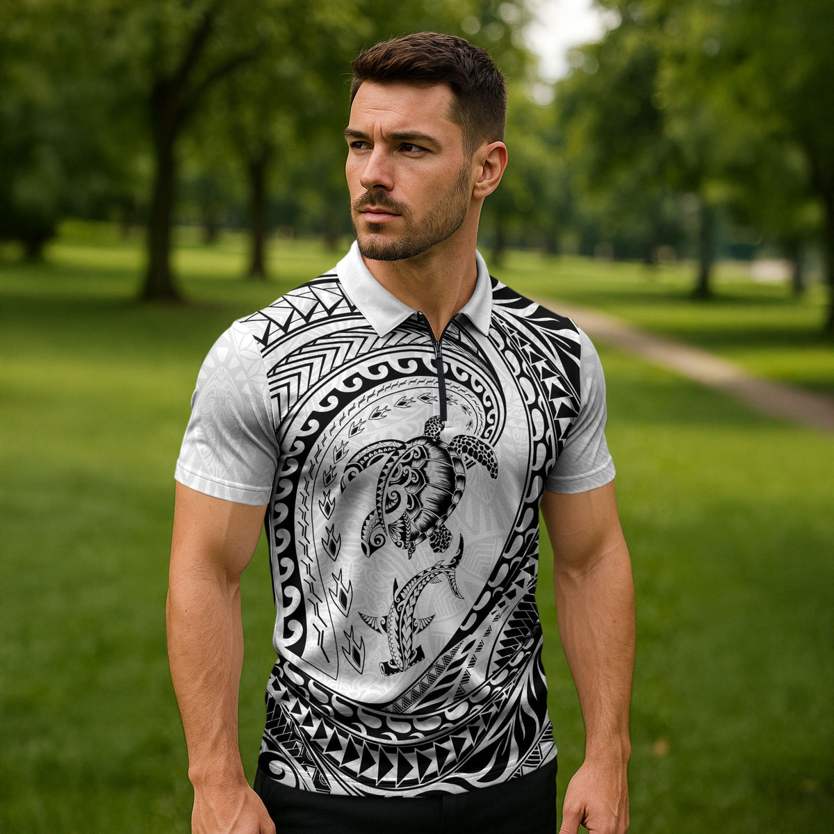 Hawaiian Turtle and Shark Zipper Polo Shirt Kakau Tribal with Polynesian Pattern White Color