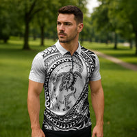Hawaiian Turtle and Shark Zipper Polo Shirt Kakau Tribal with Polynesian Pattern White Color