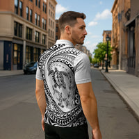 Hawaiian Turtle and Shark Zipper Polo Shirt Kakau Tribal with Polynesian Pattern White Color