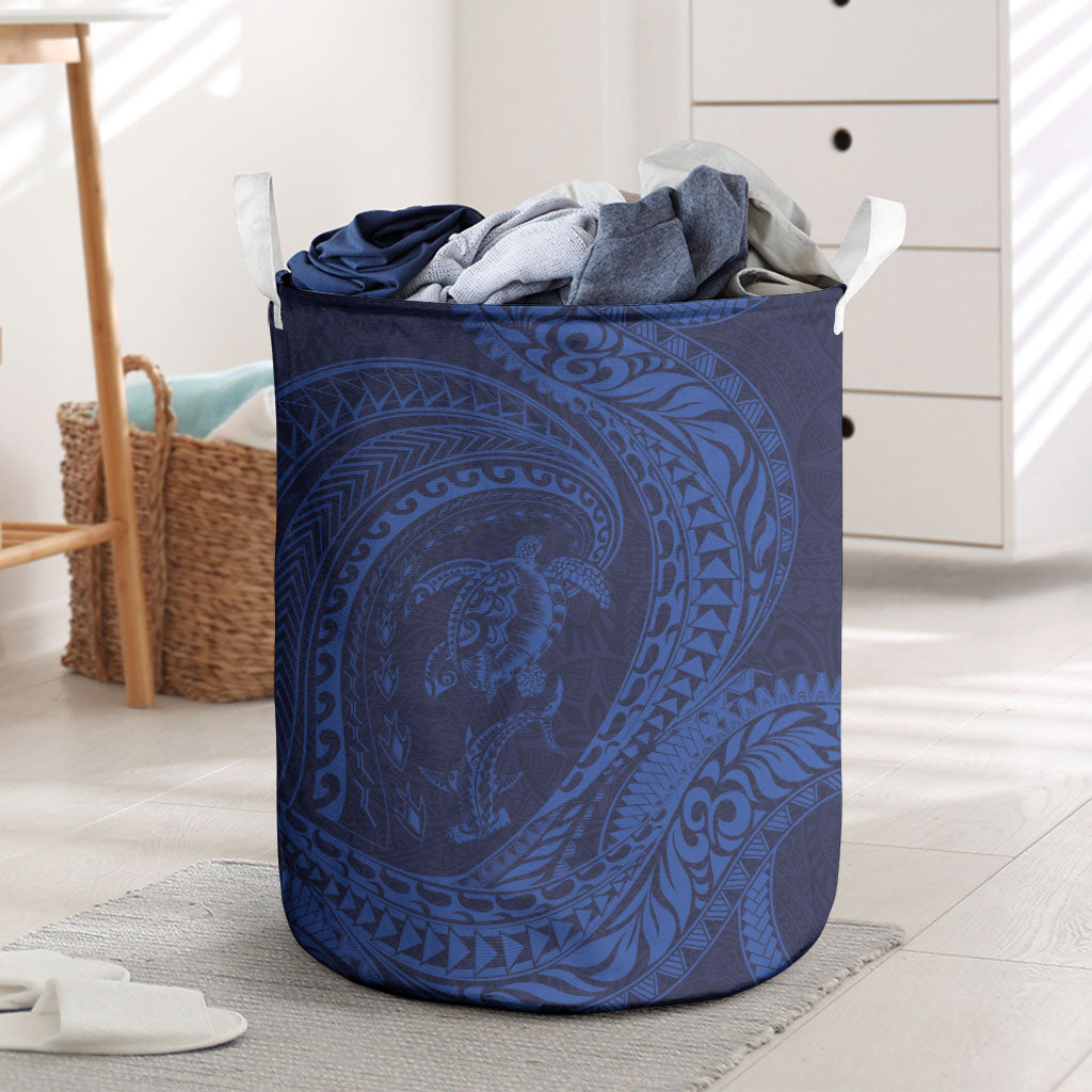 Hawaiian Turtle and Shark Laundry Basket Kakau Tribal with Polynesian Pattern Blue Color