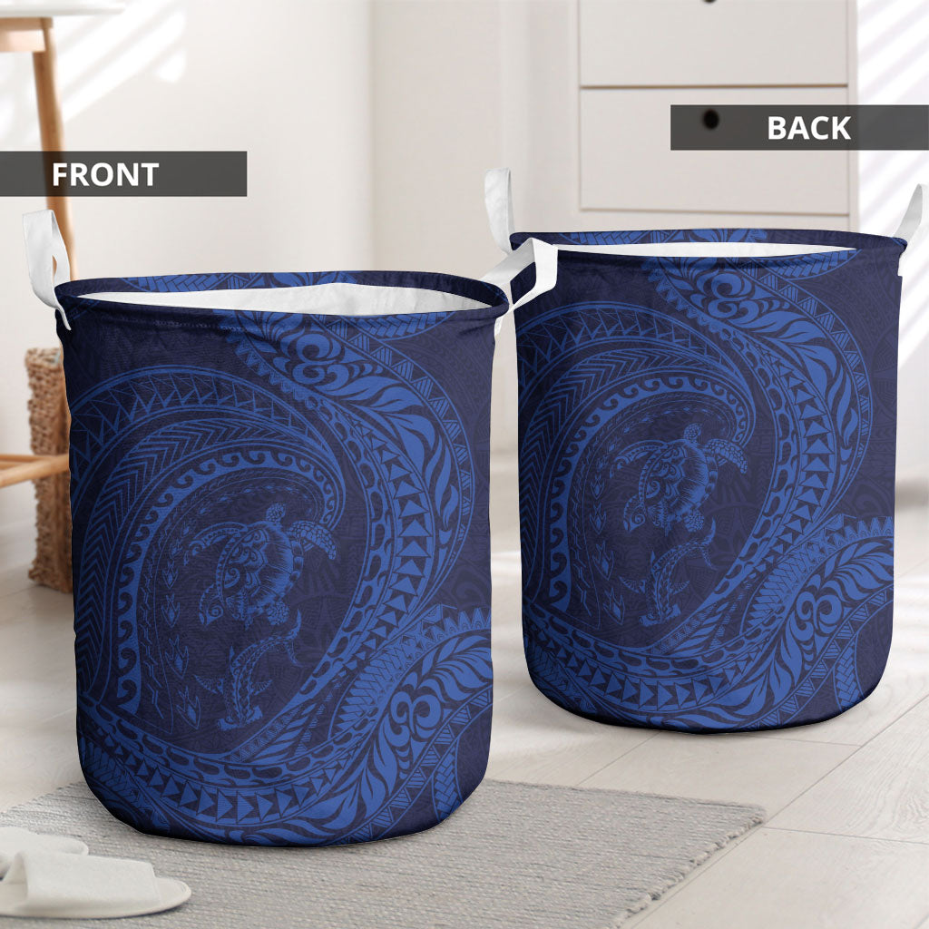 Hawaiian Turtle and Shark Laundry Basket Kakau Tribal with Polynesian Pattern Blue Color