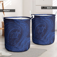 Hawaiian Turtle and Shark Laundry Basket Kakau Tribal with Polynesian Pattern Blue Color