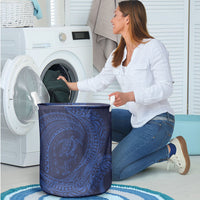 Hawaiian Turtle and Shark Laundry Basket Kakau Tribal with Polynesian Pattern Blue Color